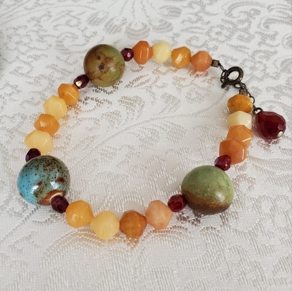 PAIR of Bracelets Hand Made Green Orange Beige Tan Beaded Wire Boho Unique Artsy - Picture 9 of 13